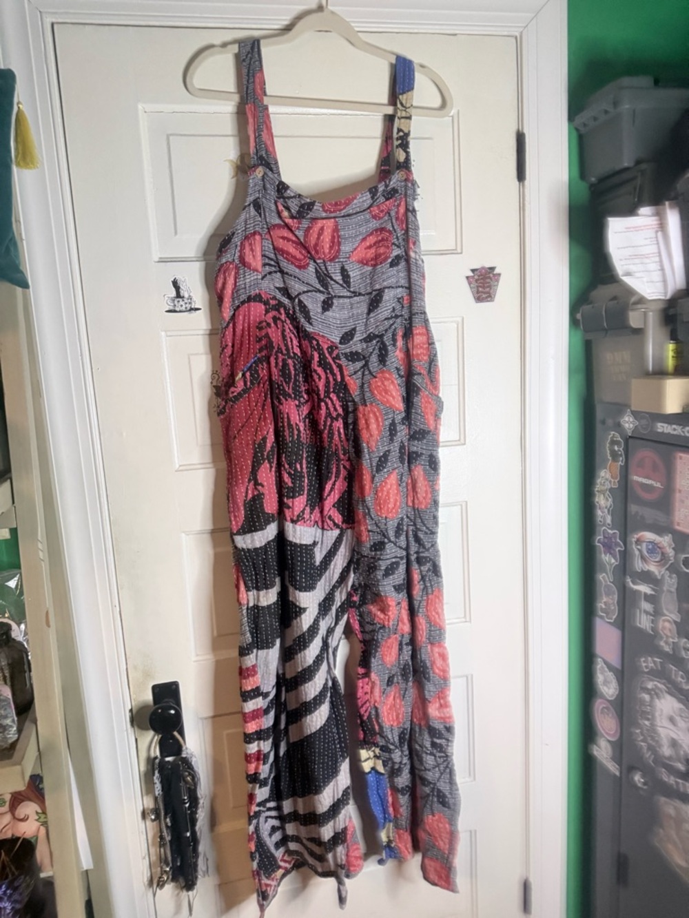 Kantha Bae Crossroads Bohemian Floral Patchwork Overall - Pink & Gray